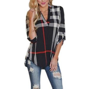 Women's Casual 2/3 Sleeve V-Neck Plaid Shirts Pullover Top