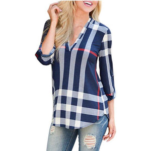 Women's Casual 2/3 Sleeve V-Neck Plaid Shirts Pullover Top